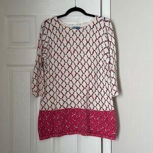 J. McLaughlin Geometric Catalina Cloth Tunic Pink Ivory Size Large 3/4 Sleeves